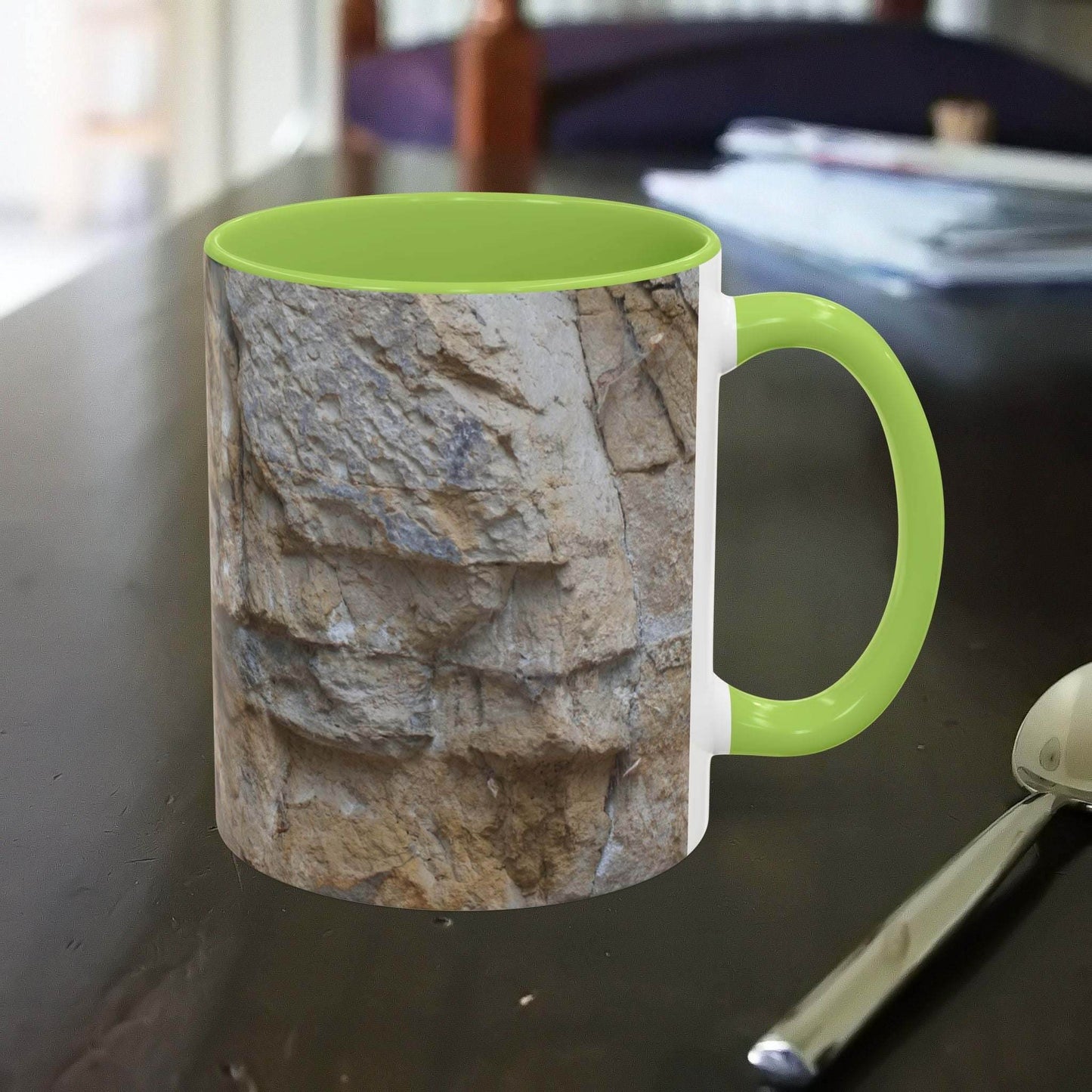 Rocky Mug with falling rocks design for mountain lovers.