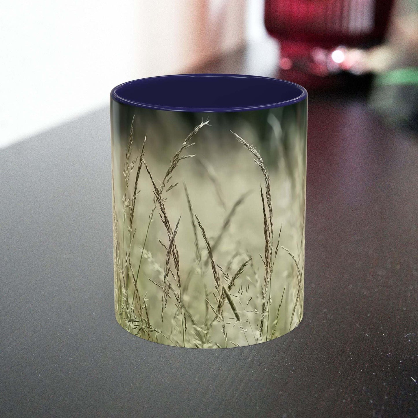 Ceramic mug with flowering grass design for nature lovers.