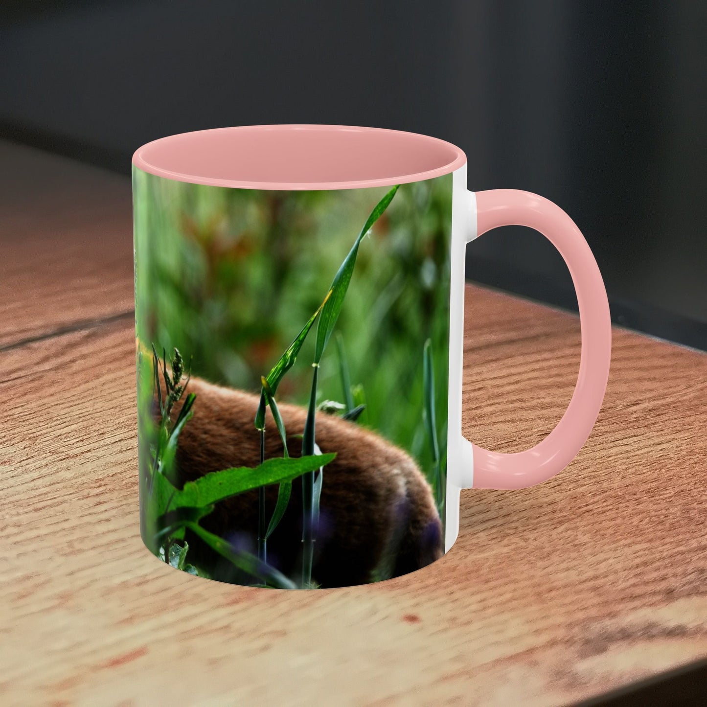 Fox-inspired accent coffee mug with vibrant design and pink handle, perfect for nature lovers and wildlife decor.