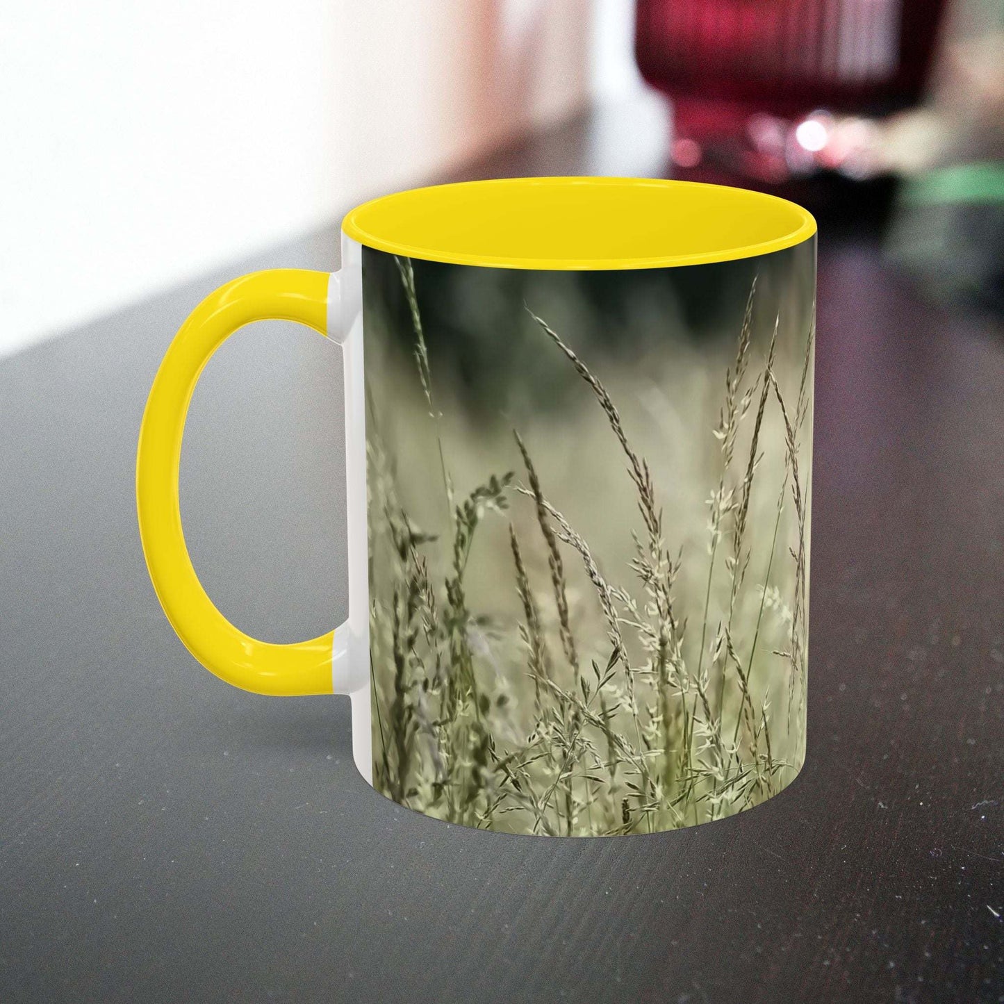 Flowering Grass Mug on table with nature design.