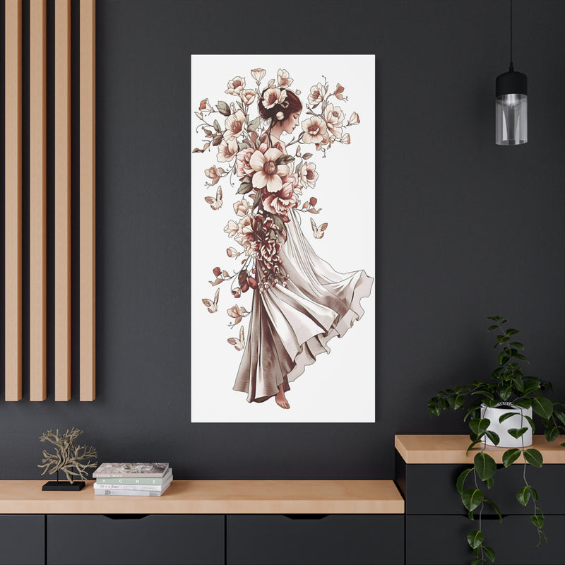 Blossoms and butterflies art on a 30″ x 60″ | 76.20 cm x 152.40 cm matte canvas print, Depth 1.25″ | 3.18 cm.