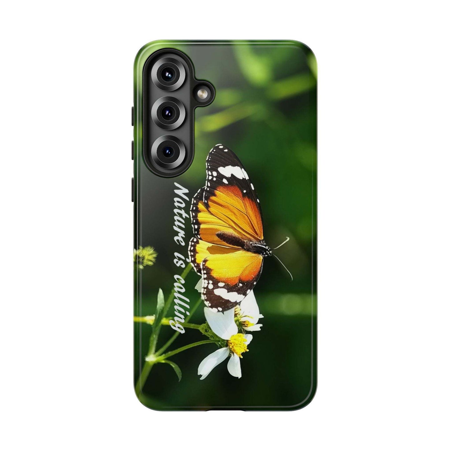 Nature-inspired tough phone case with butterfly and flower design, ideal for nature lovers and outdoor enthusiasts.