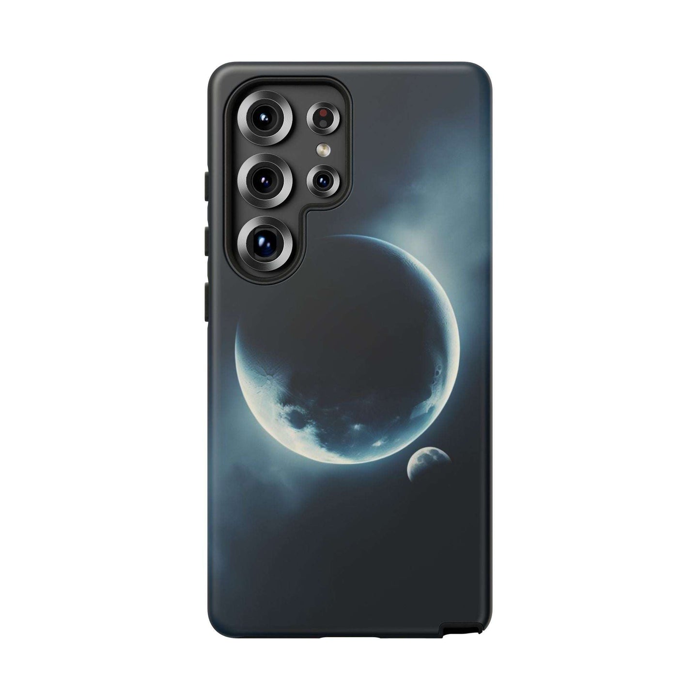 Phone case with Planet Earth and Moon design, durable and impact-resistant for space enthusiasts.