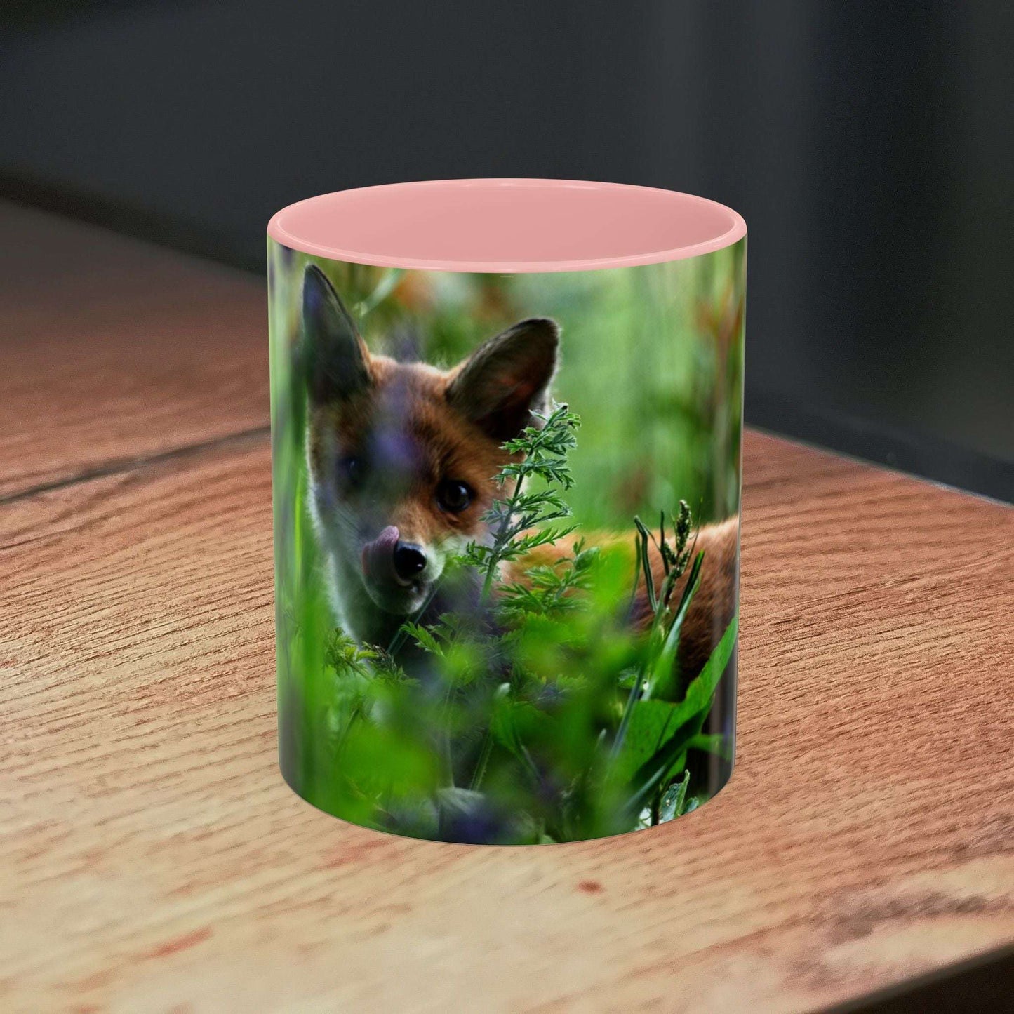 Fox-Inspired Accent Coffee Mug with Nature Design on Wooden Surface