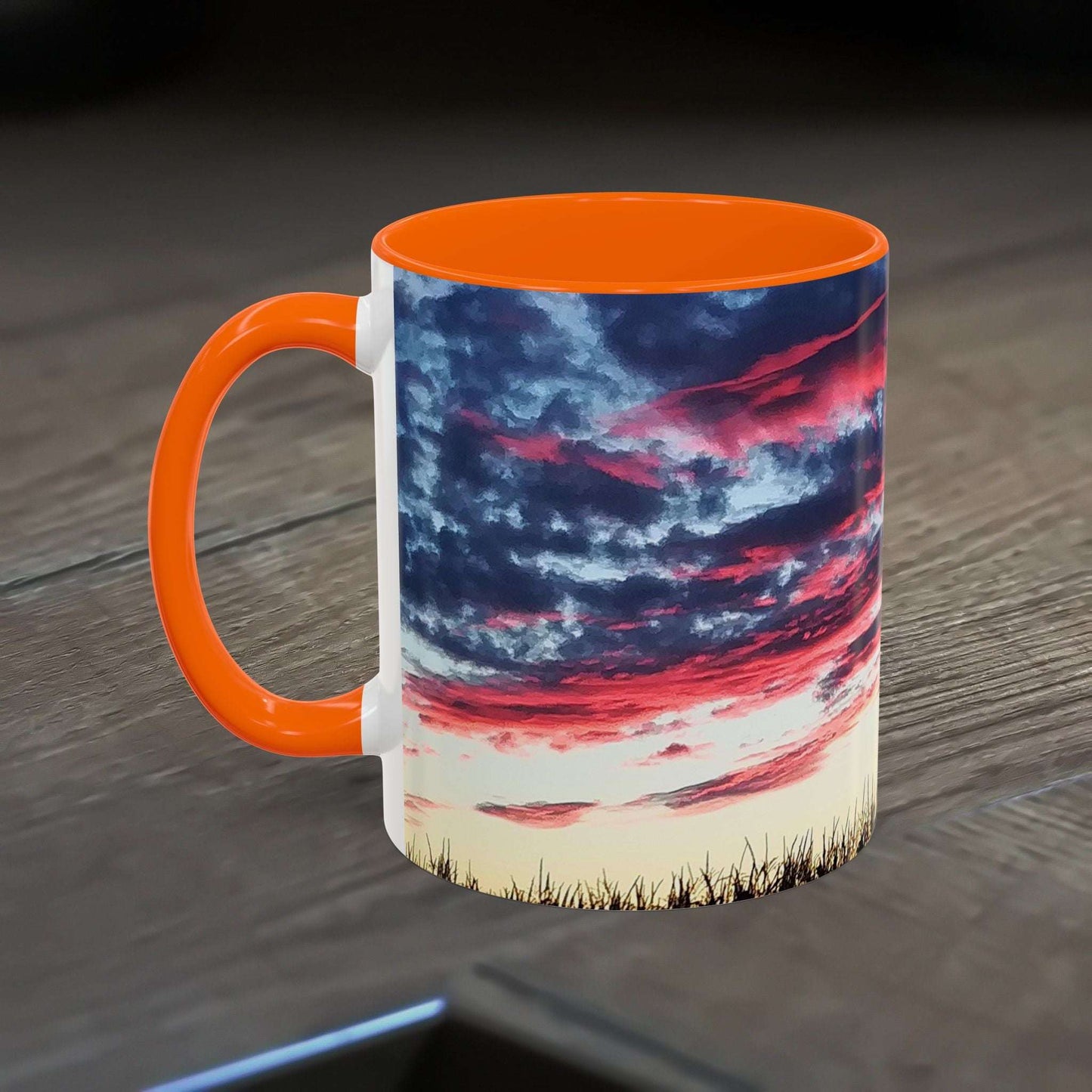 Vibrant Sunset Accent Coffee Mug with artistic design, perfect for nature lovers and home office decor.