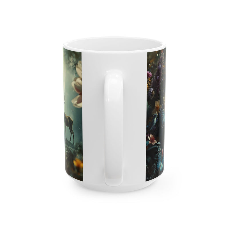 Mythic Garden Ceramic Mug — Ancient Ruins, Dear & Butterfly Floral Coffee Cup (11oz/15oz)