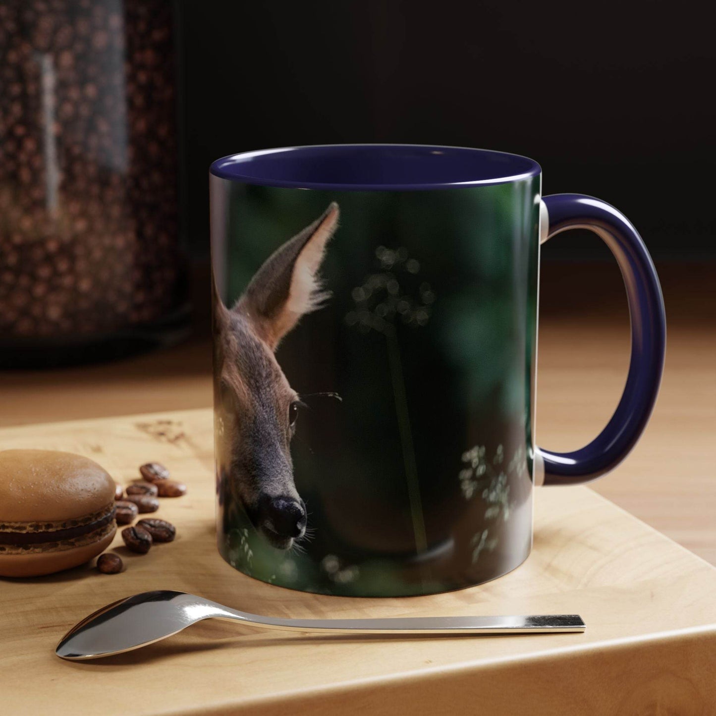 Nature-Inspired Deer Ceramic Mug - 11oz with deer and floral design on a wooden table.