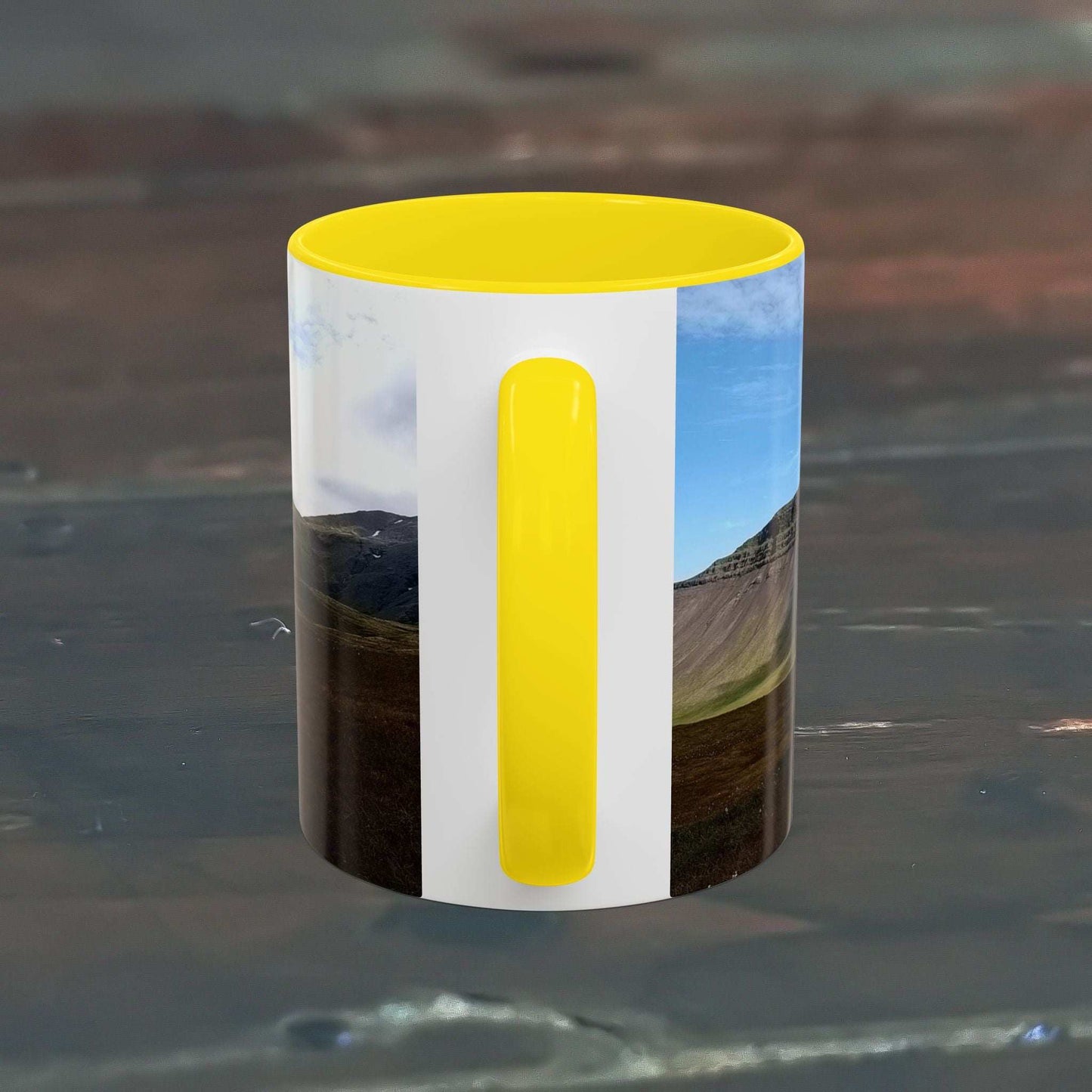 11oz coffee mug featuring Iceland scenery with a sleek yellow interior and handle.