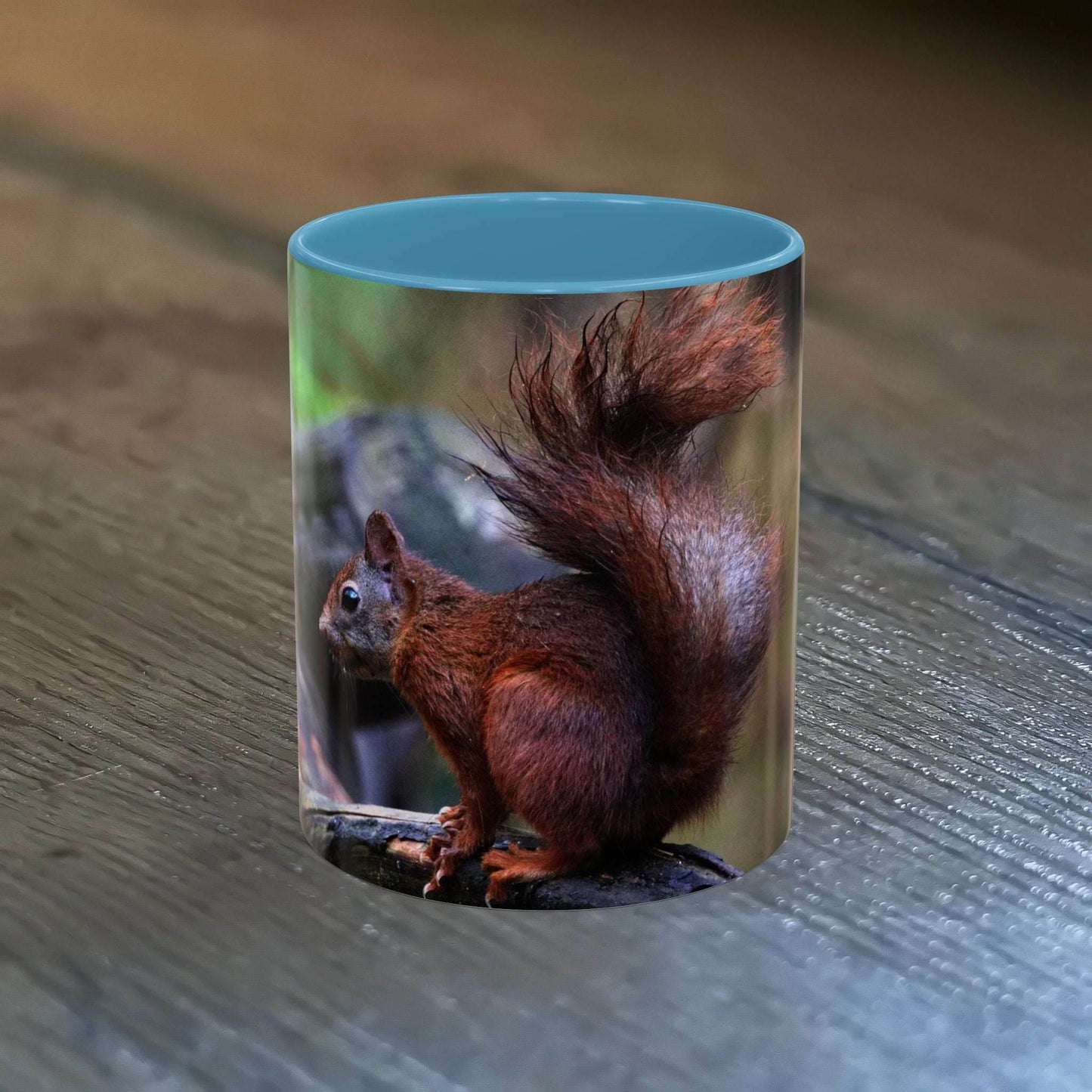 Cute squirrel coffee mug on rustic table, perfect for nature lovers and coffee enthusiasts.