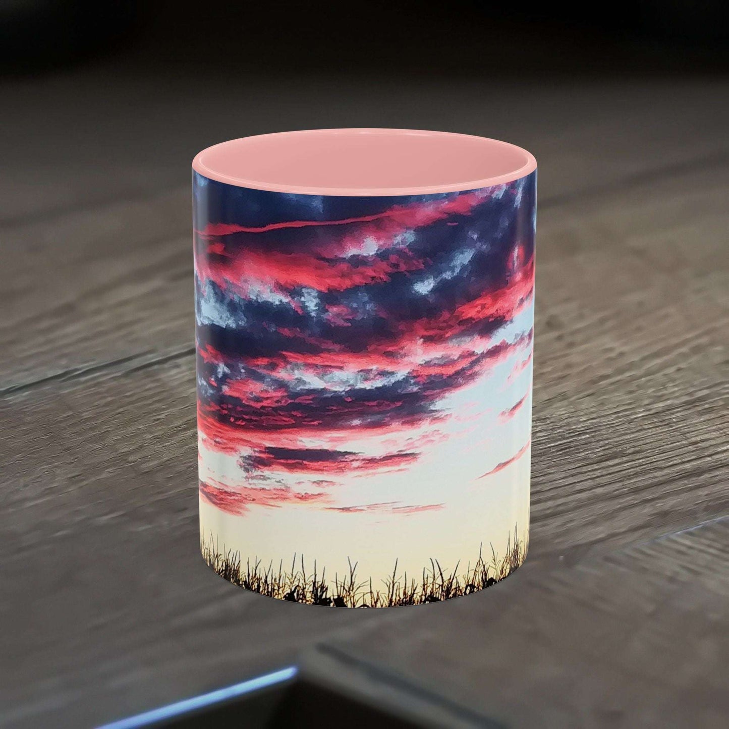 Sunset Accent Coffee Mug with vibrant artistic design and glossy finish.