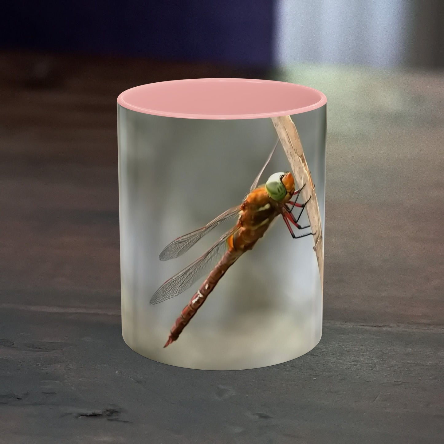 Pretty dragonfly accent coffee mug with pink interior, high-quality ceramic, 11 oz capacity.