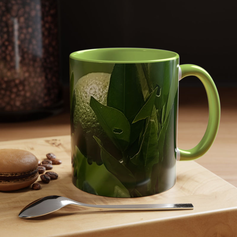 Ein perfektes Geschenk: 325ml Früchte Kaffeebecher mit einem hellgrünem Henkel und einer hellgrüner Innenseite.