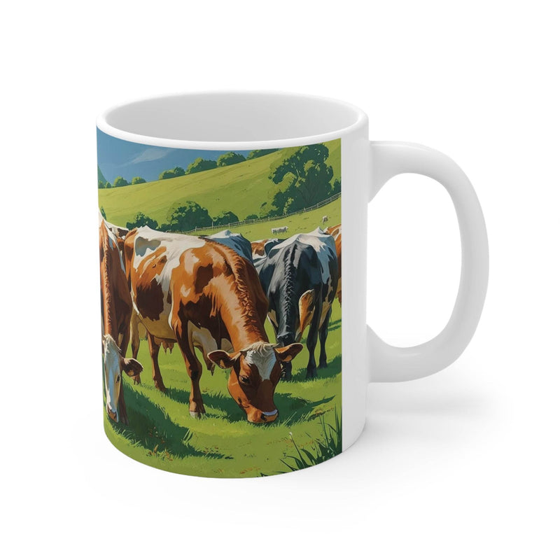 Glänzender 325ml Kaffeebecher aus robustem Keramikmaterial mit praktischem Henkel und einer kunstvollen Alm-Illustration.