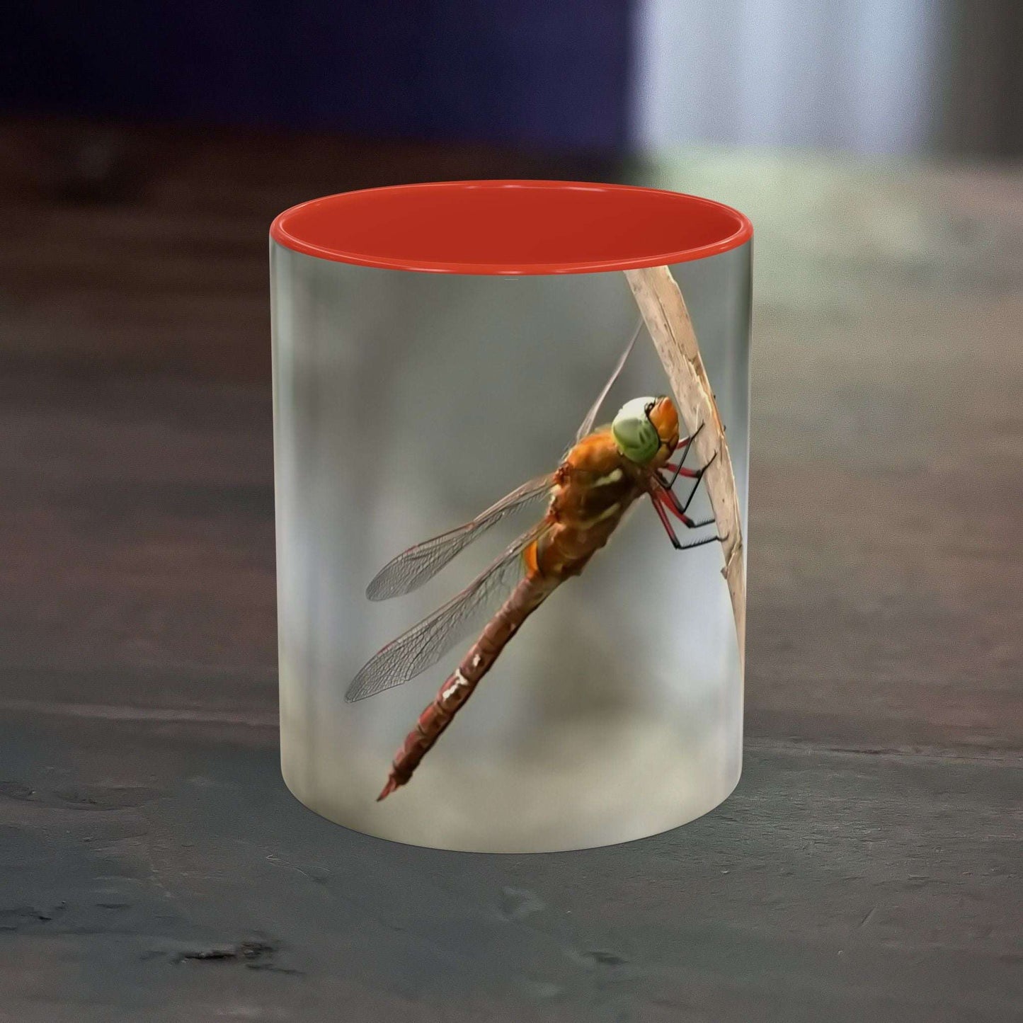 Pretty dragonfly accent coffee mug with vibrant interior, 11 oz ceramic.