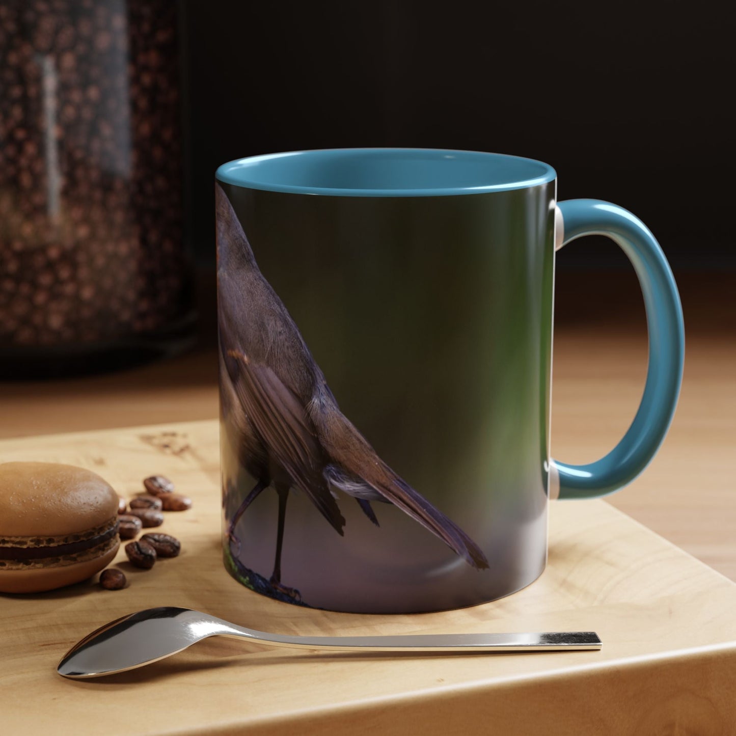 White ceramic 11oz Robin Mug with bird illustration, perfect for coffee and tea.