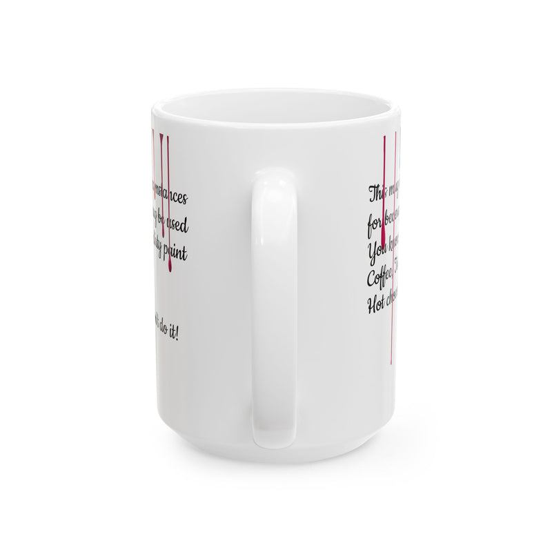 Durable 15oz Paint Drips Mug, Ceramic Coffee Cup on a cozy desk workspace tray ready for hot cocoa or tea.