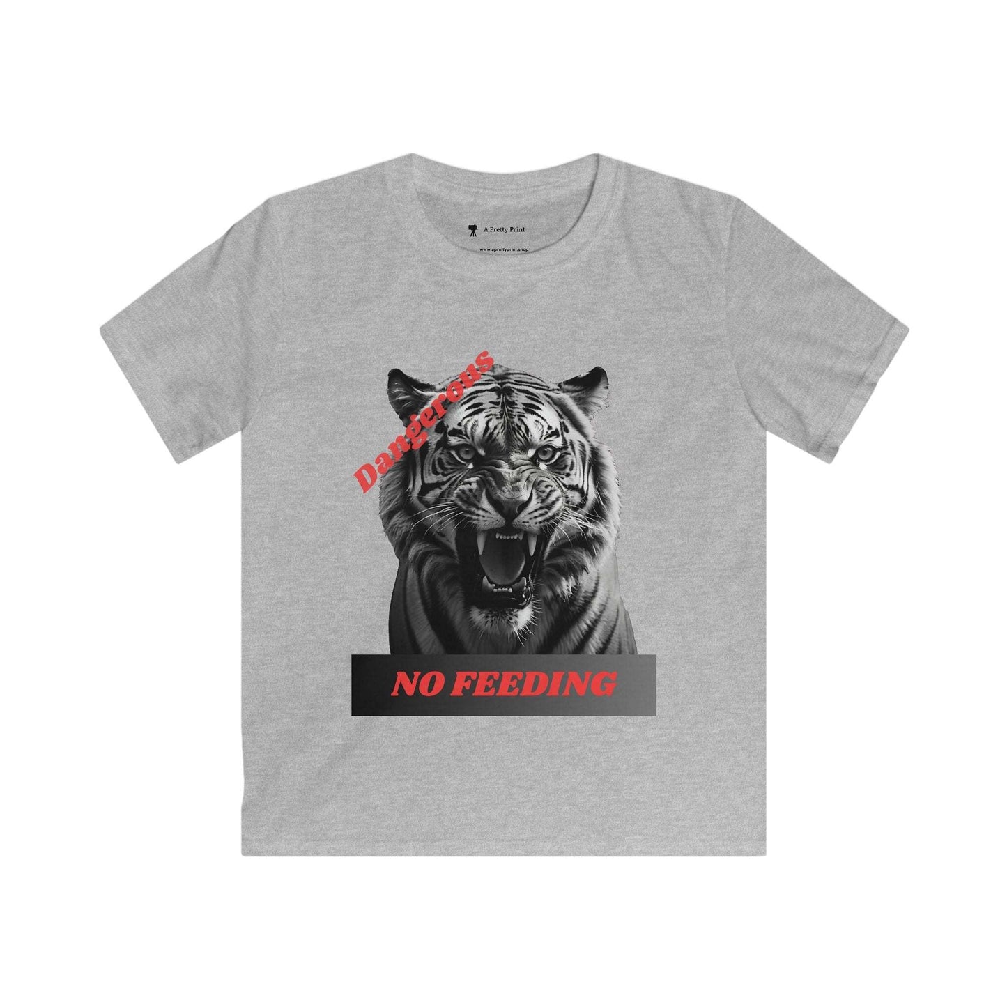Kids graphic tee with angry tiger and "Dangerous: No Feeding" design, perfect for animal lovers.