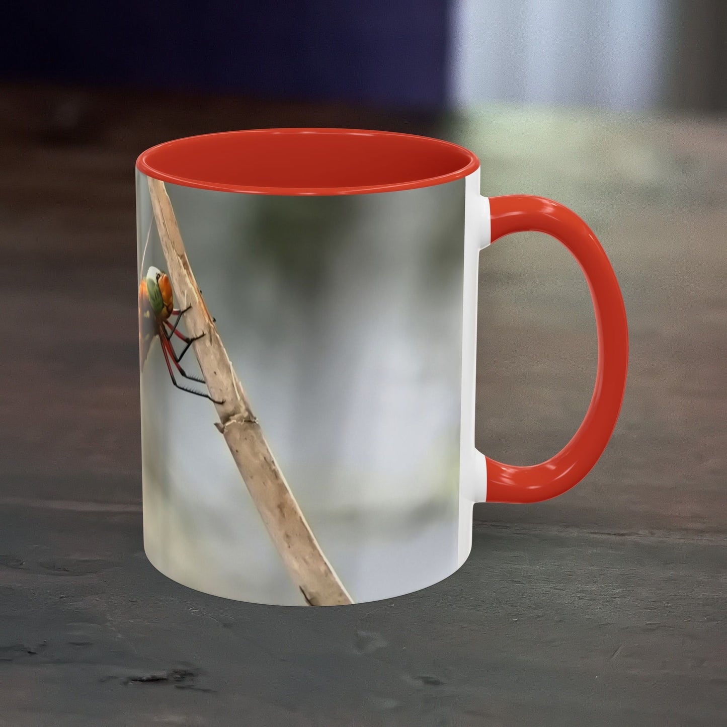 Pretty Dragonfly Accent Coffee Mug with Red Handle and Interior