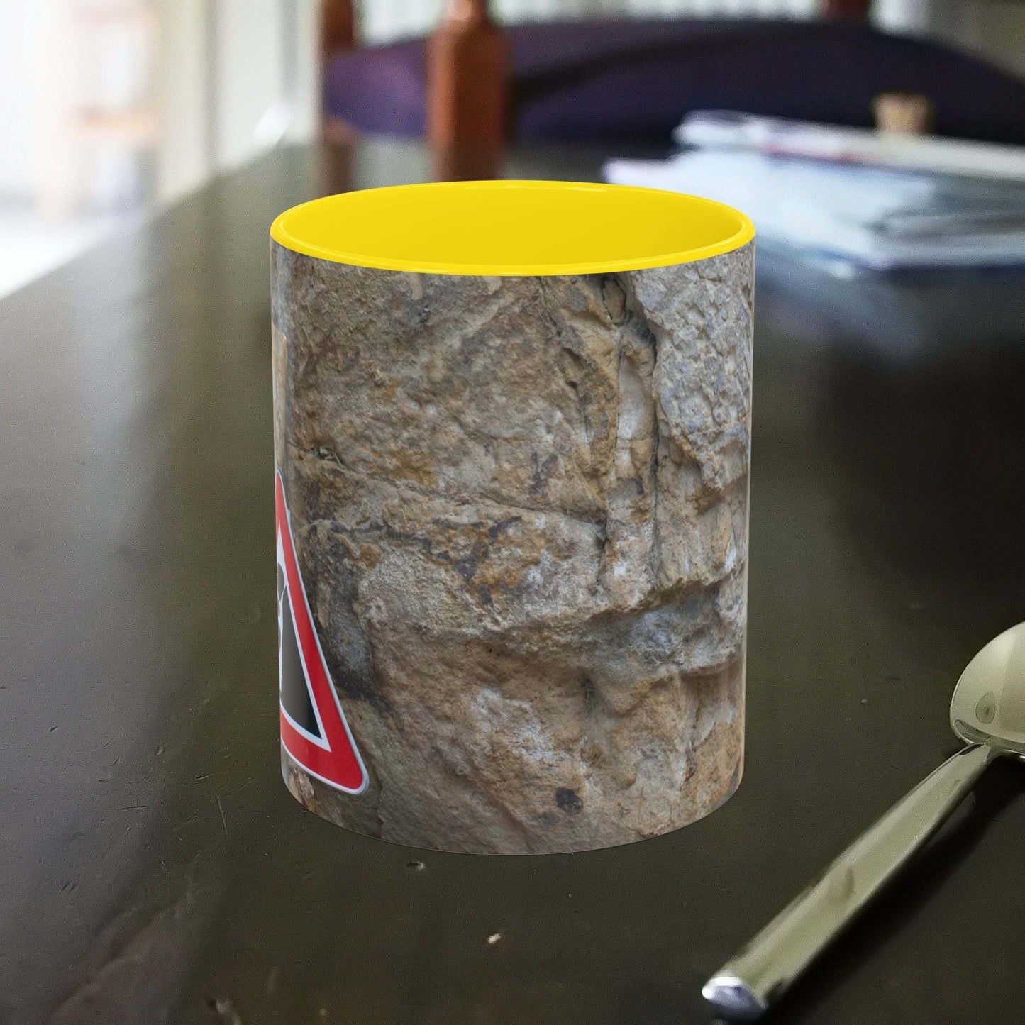 Rocky Mug with falling rocks design for mountain lovers.