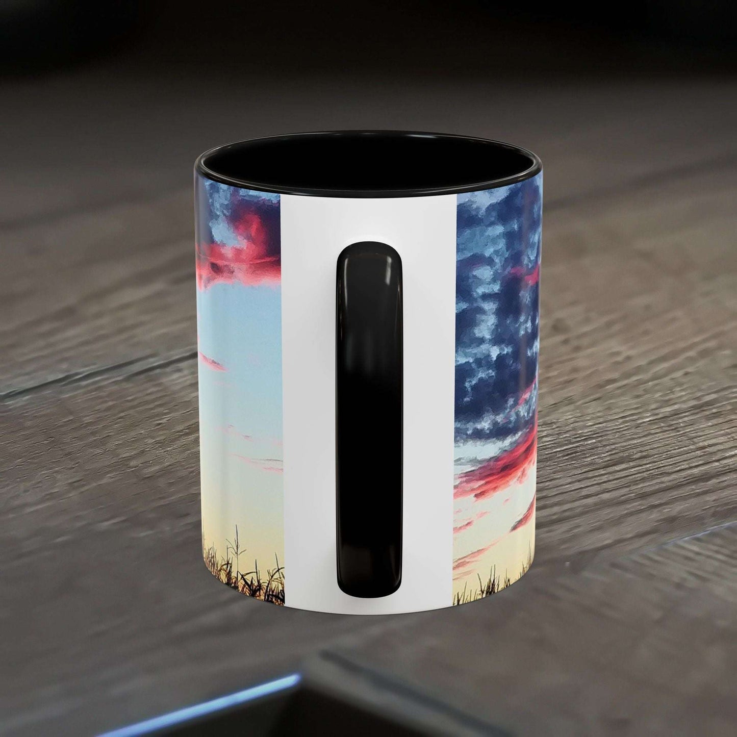Sunset Accent Coffee Mug with vibrant colors and artistic design for nature lovers.