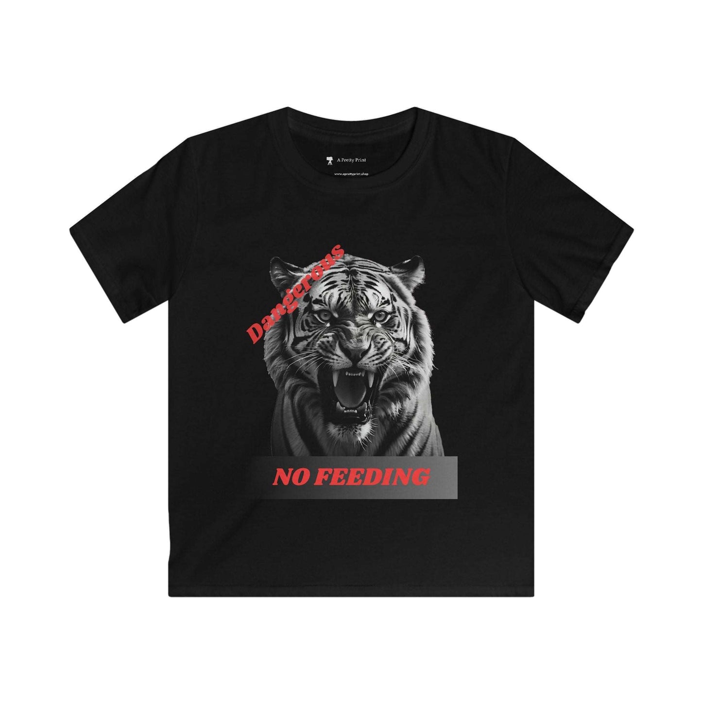 Youth tiger graphic tee with "Dangerous: No Feeding" design, black cotton, kids casual wear.