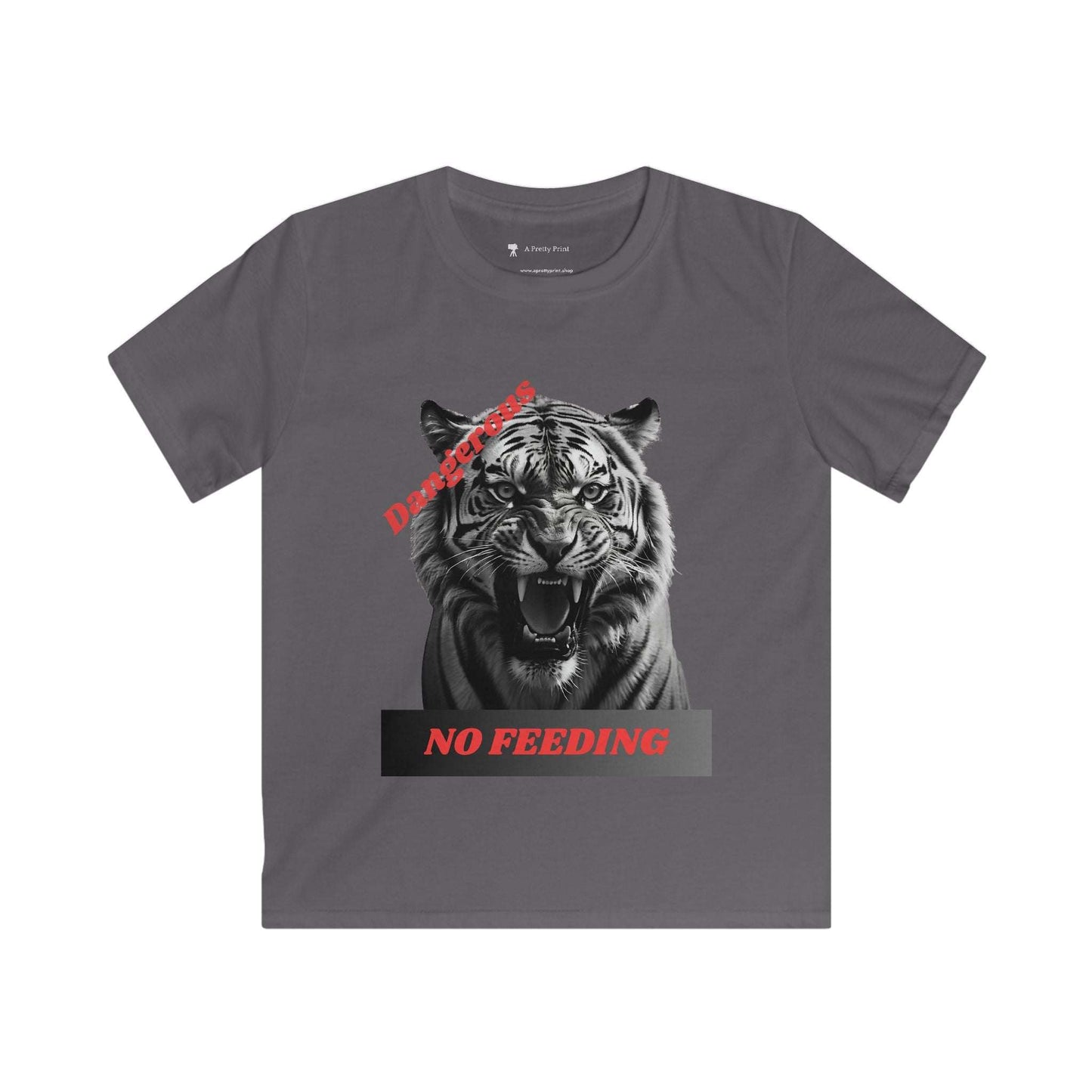 Kids Graphic Tee featuring angry tiger with "Dangerous: No Feeding" warning.