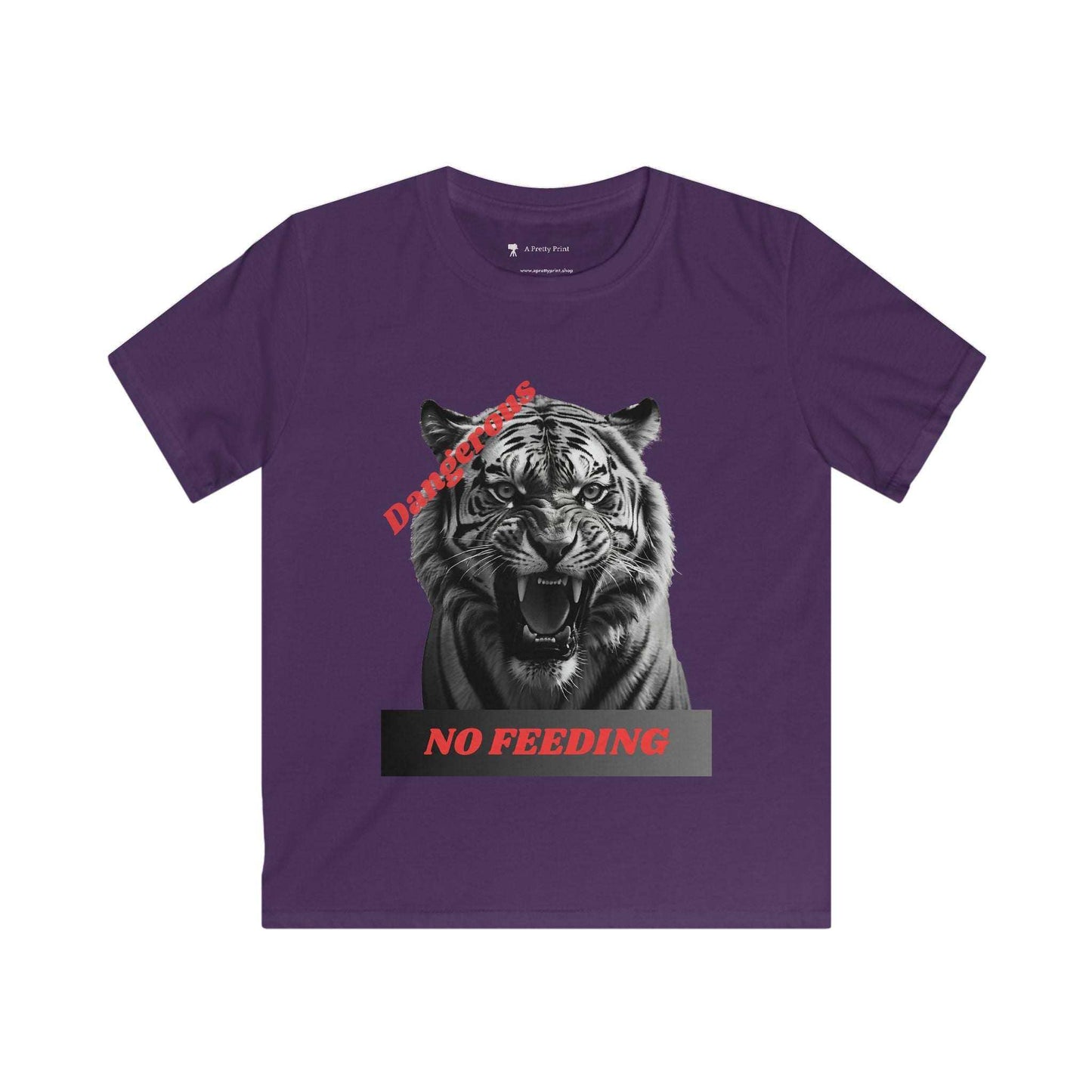 Kids Graphic Tee featuring an angry tiger with "Dangerous: No Feeding" design on a purple shirt.