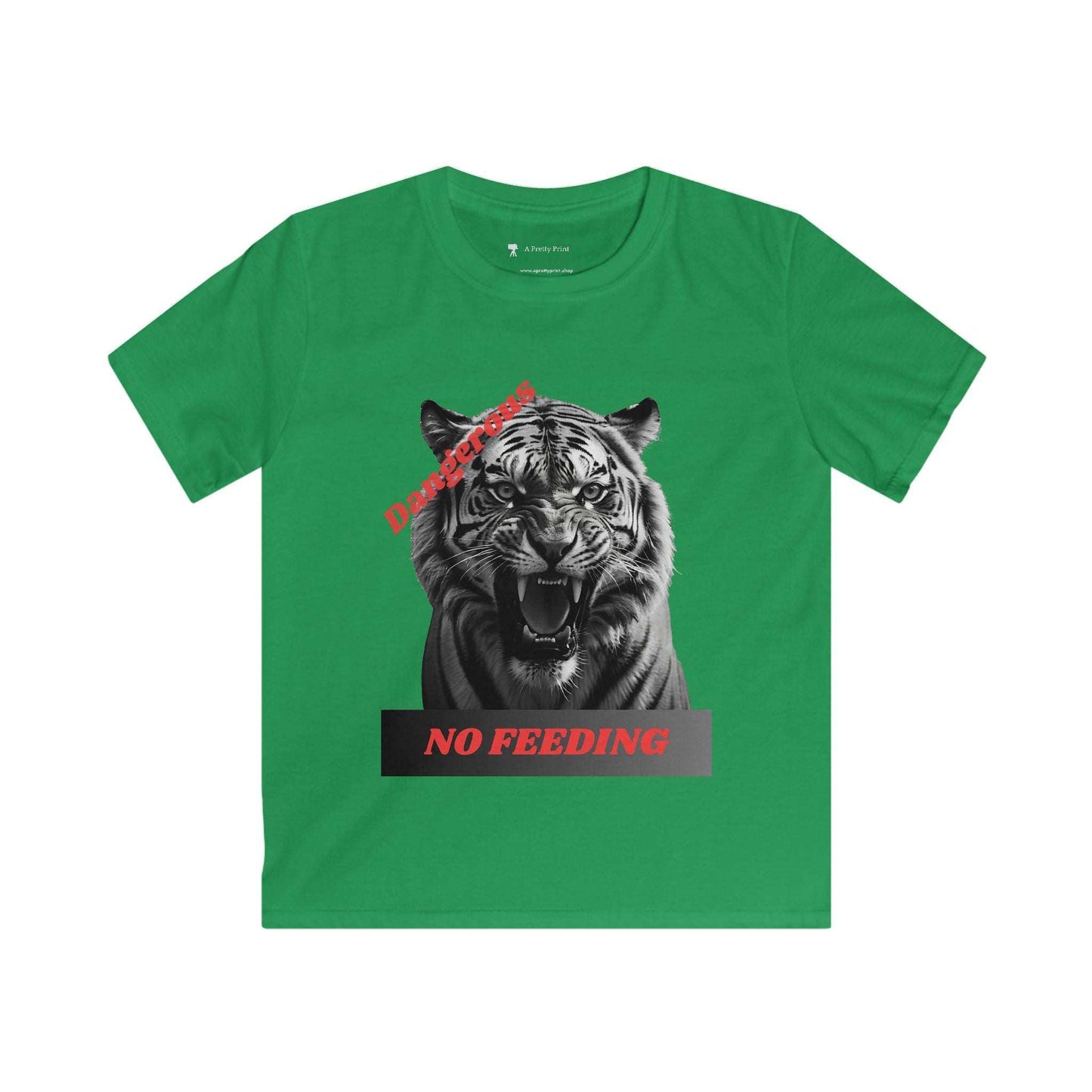 Kids green graphic tee with angry tiger design and "Dangerous: No Feeding" warning.
