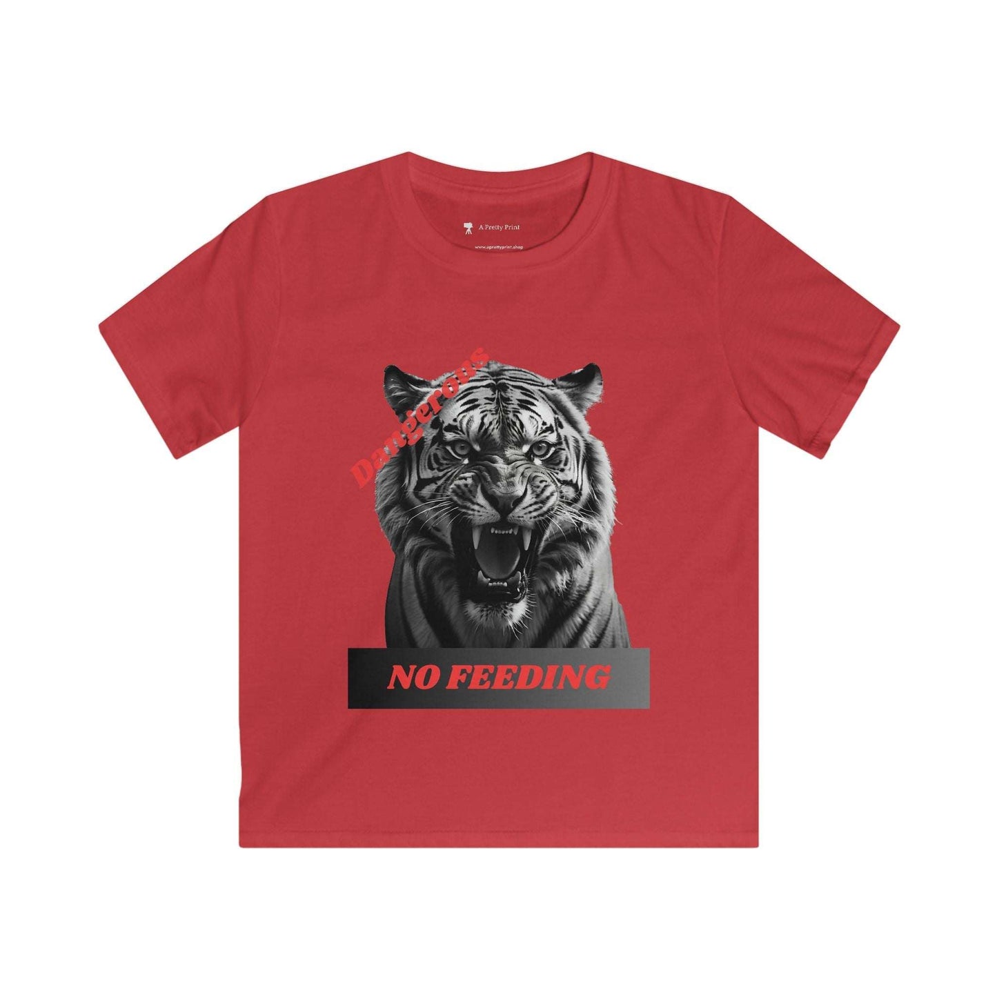 Kids Graphic Tee featuring angry tiger design with "Dangerous: No Feeding" warning.
