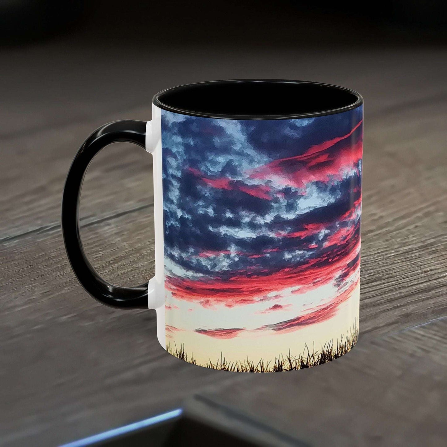 Sunset Accent Coffee Mug with vibrant colors and artistic nature design, perfect for home decor and gifts.