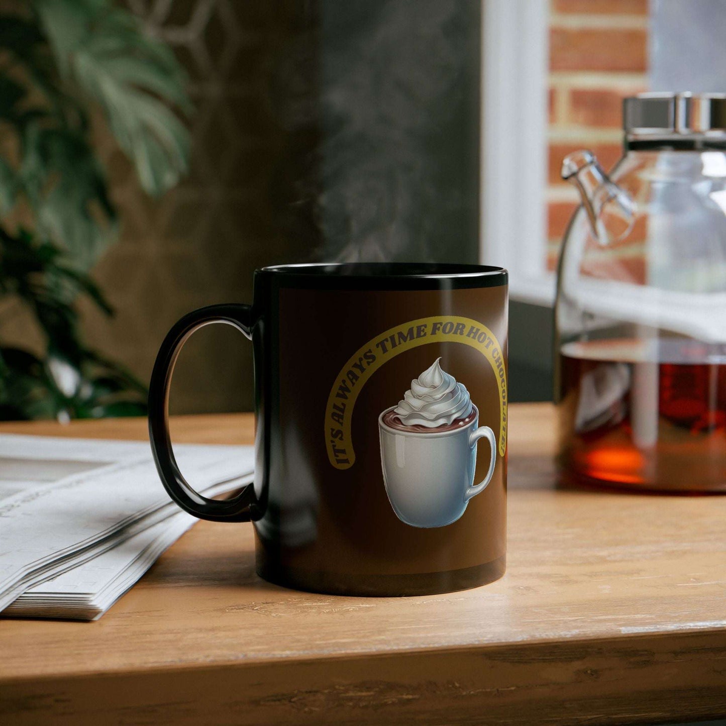 Black ceramic mug with hot chocolate design, glossy finish, 11oz and 15oz sizes.