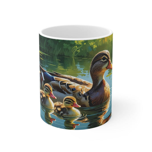 Mug - Mother Duck Swimming with Little Ducklings Ceramic Coffee Cups - A Pretty Print