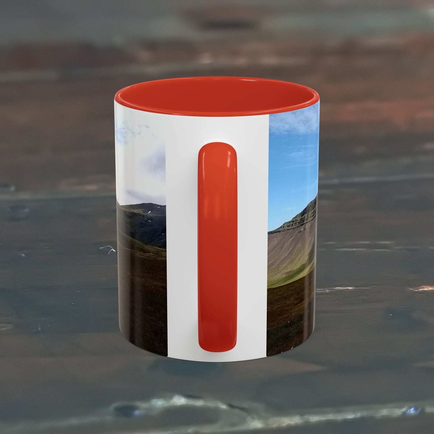 11oz ceramic coffee mug featuring Iceland scenery with a red handle and interior.