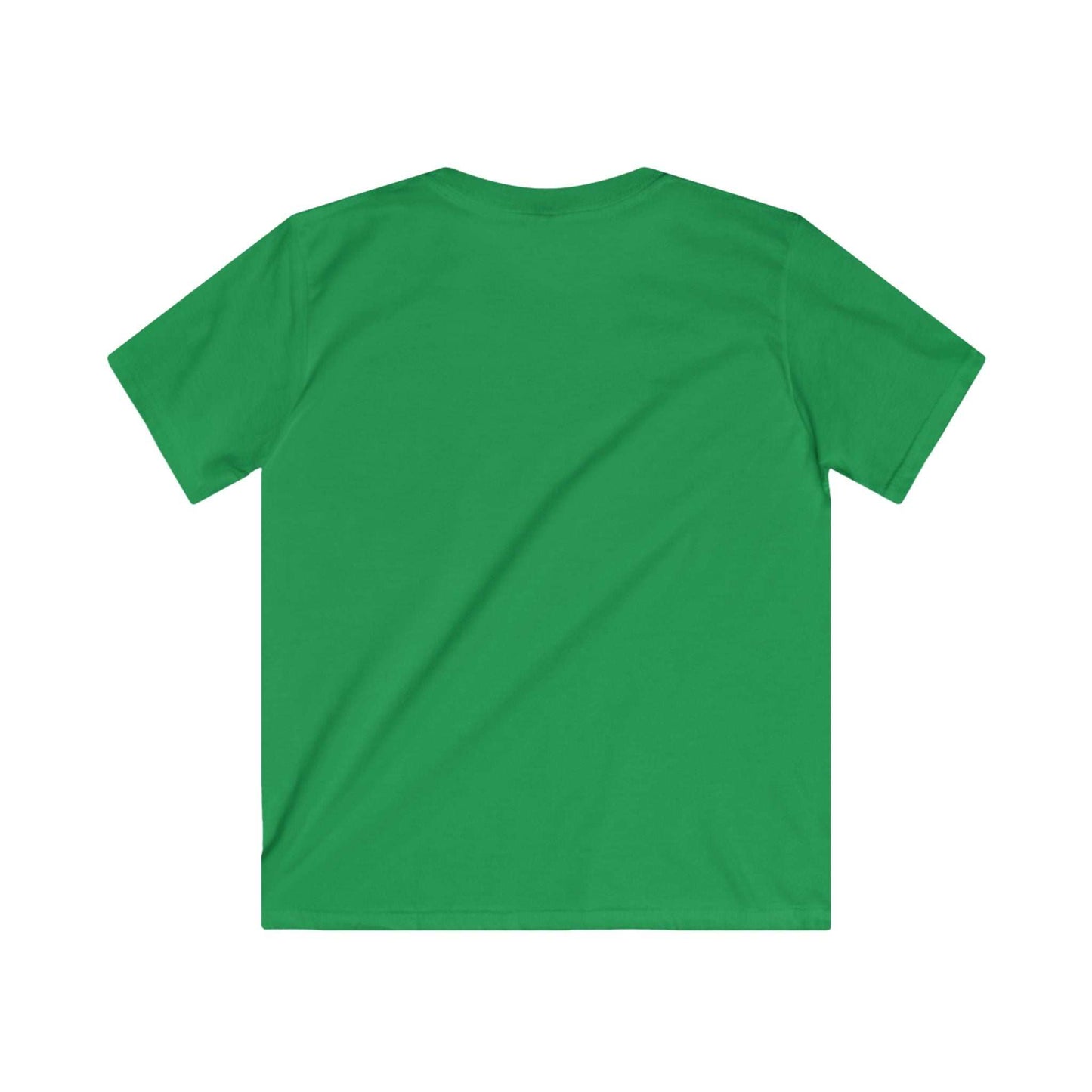 Green kids graphic tee with plain back, designed for casual wear, featuring ring-spun cotton material.