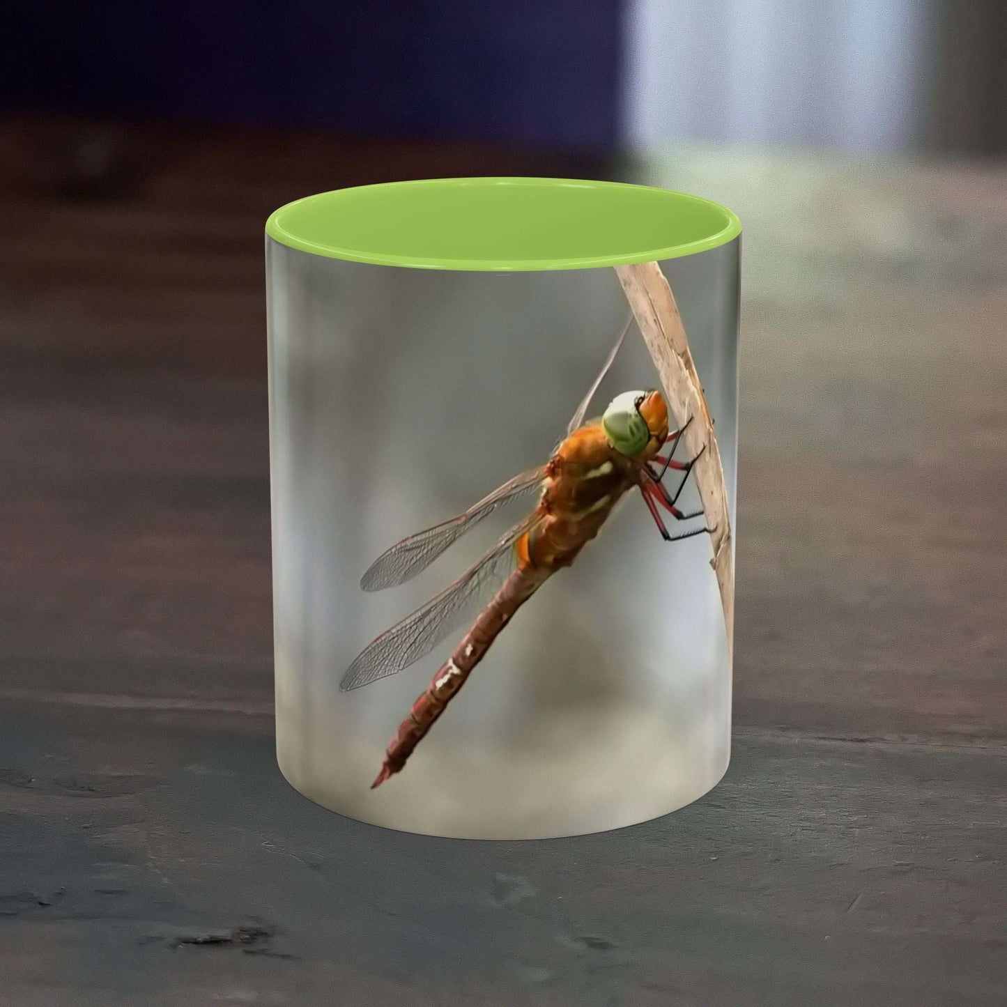 Pretty Dragonfly Accent Coffee Mug with Green Interior and Contrast Handle