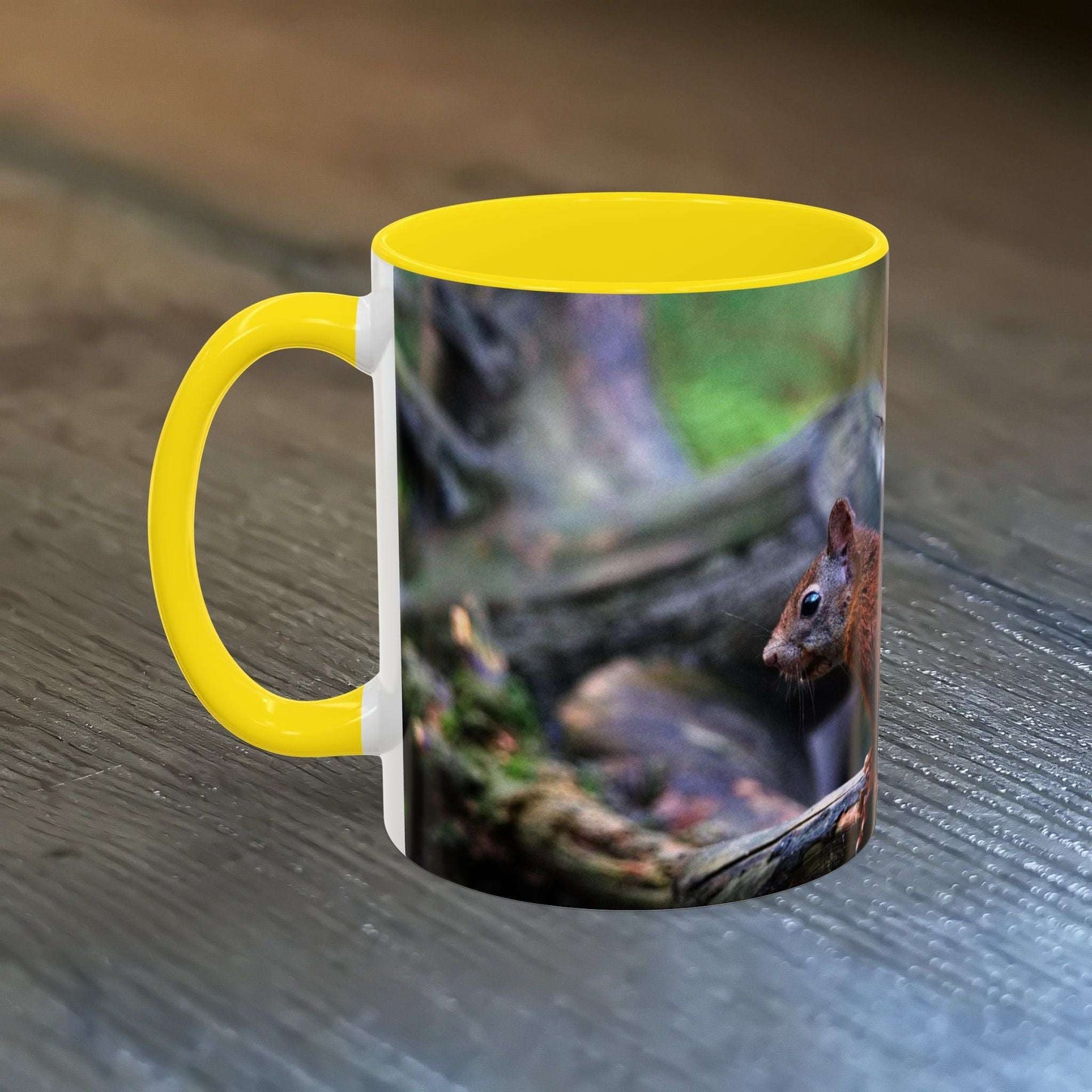 Adorable Squirrel Ceramic Mug with nature-inspired design, 11oz, yellow handle, perfect gift for nature lovers.