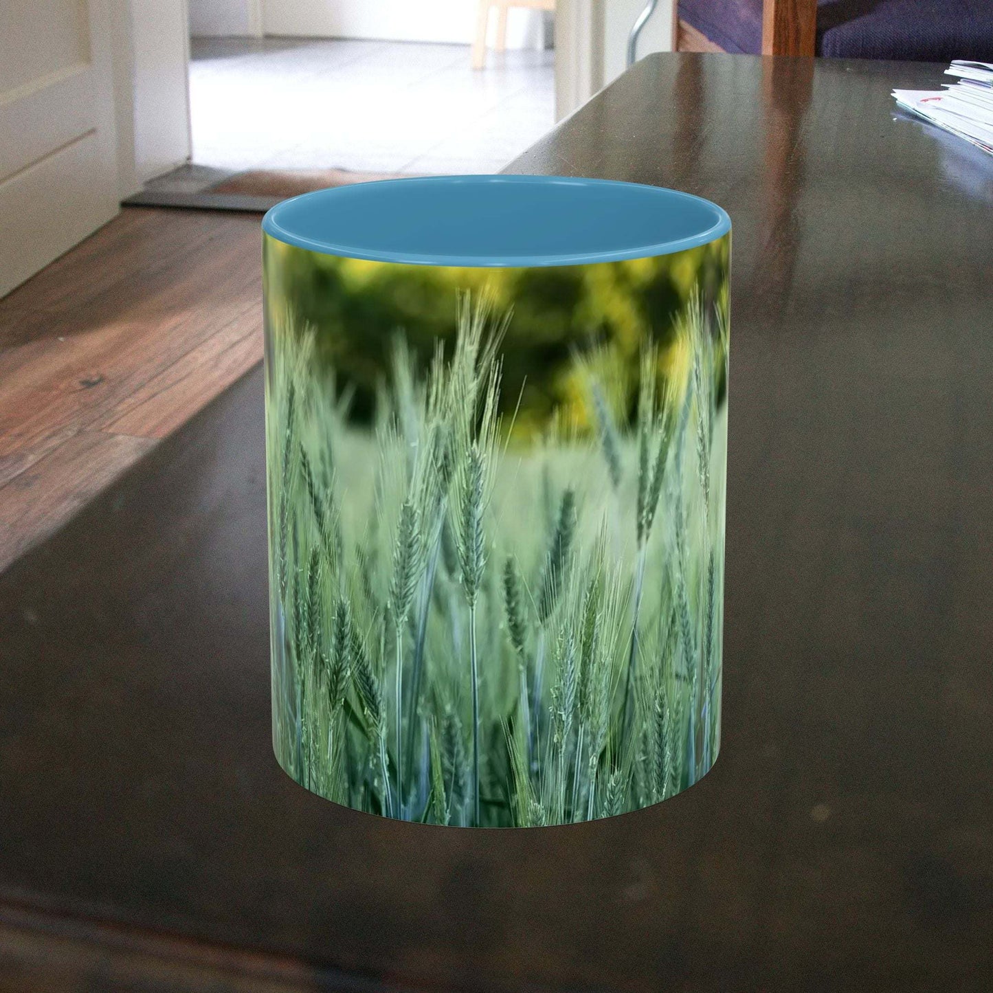 Wheat field design coffee mug for nature lovers.