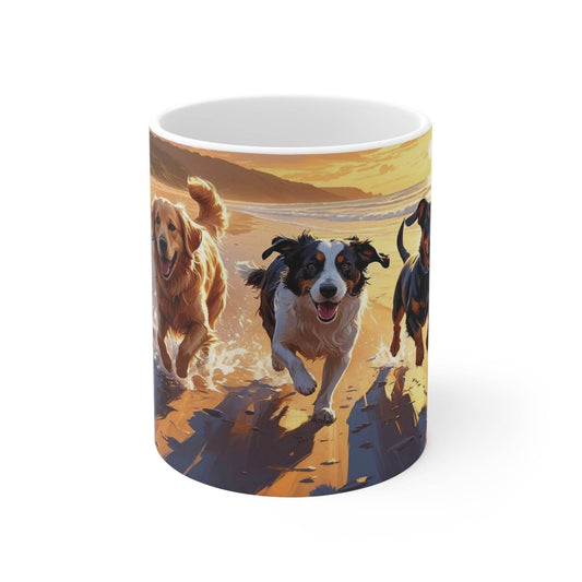 Mug - Running Dogs on the Beach at Sunset Ceramic Coffee Cup - A Pretty Print