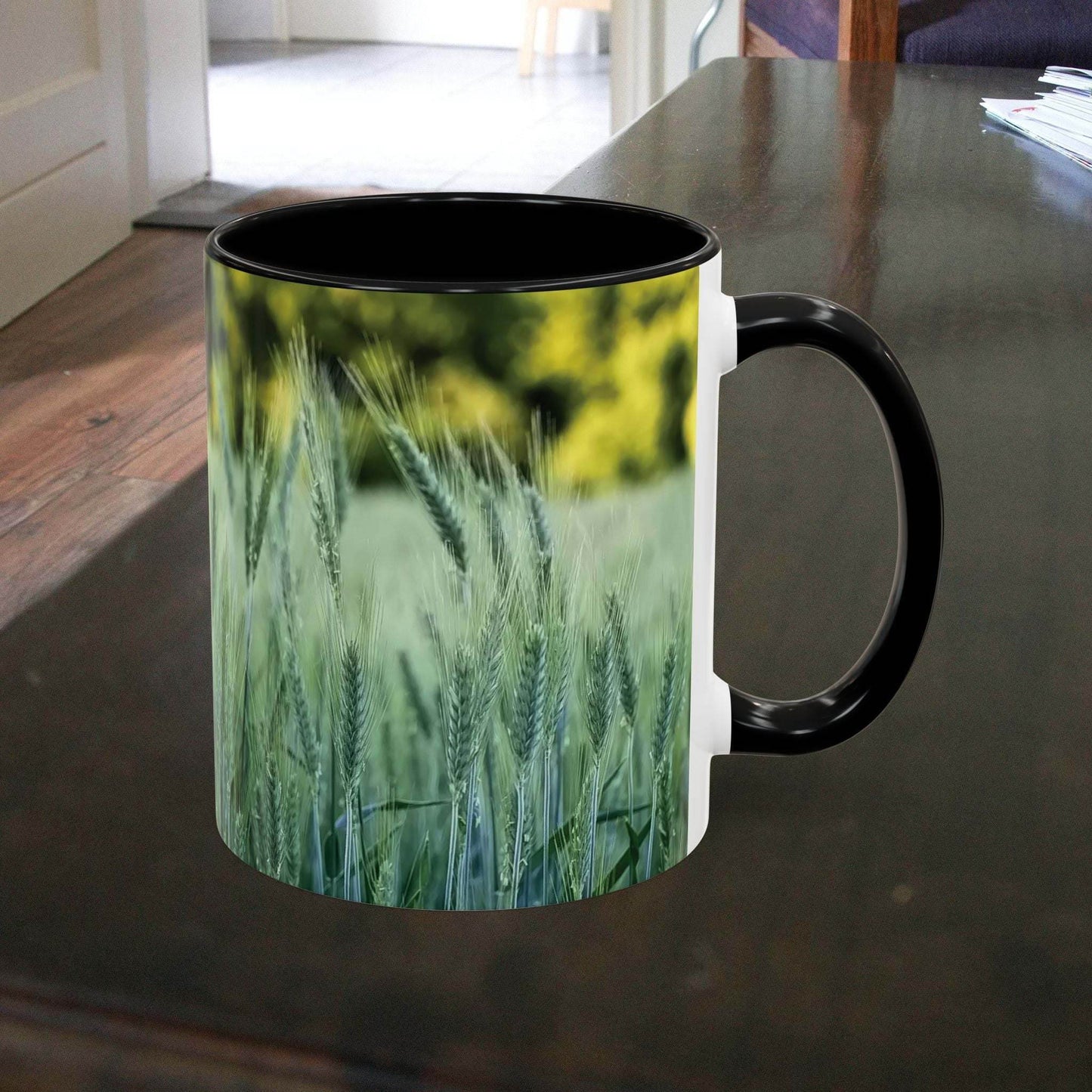 Wheat field design coffee mug with serene nature theme.