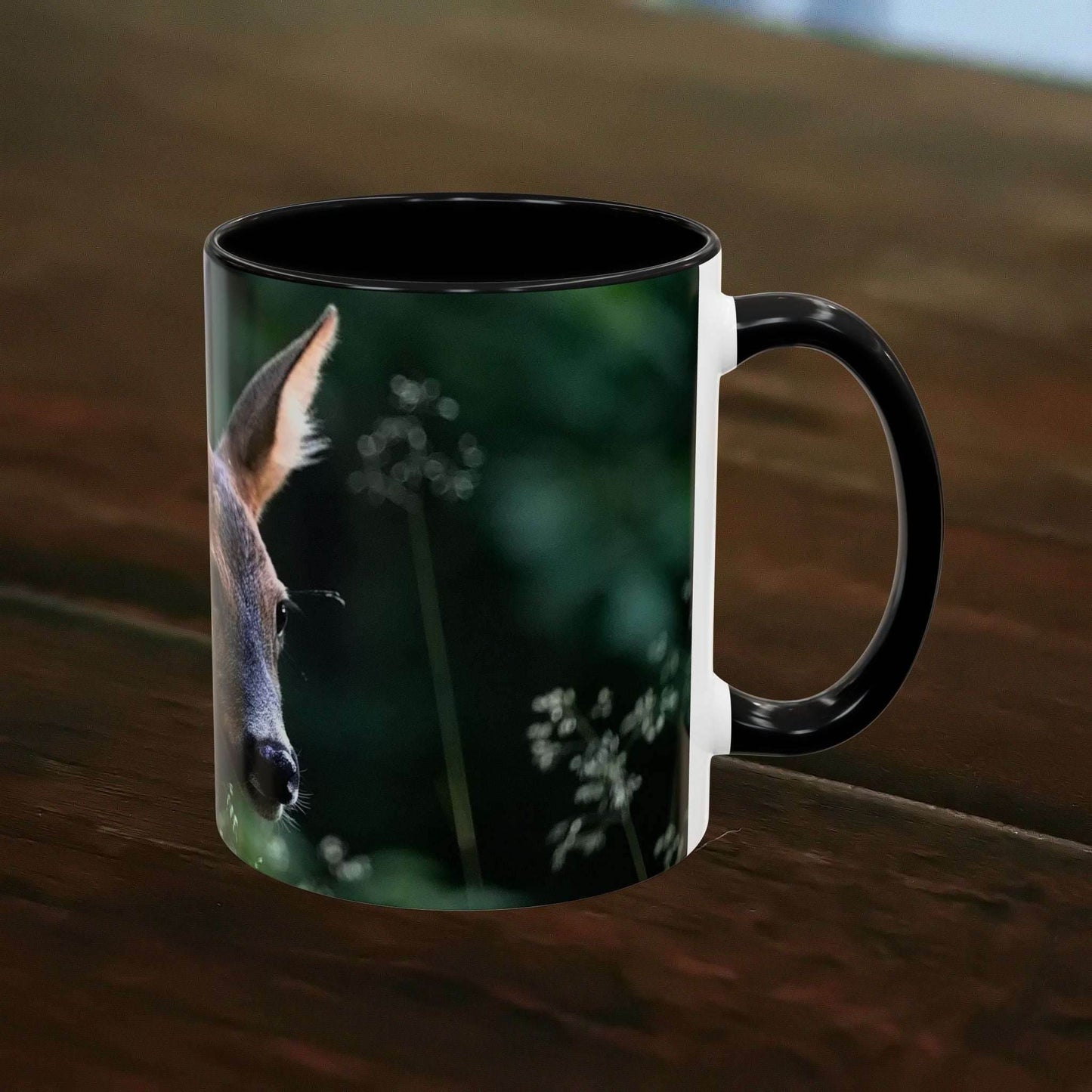 Nature-inspired deer ceramic mug with floral accents, 11oz capacity, elegant woodland design.
