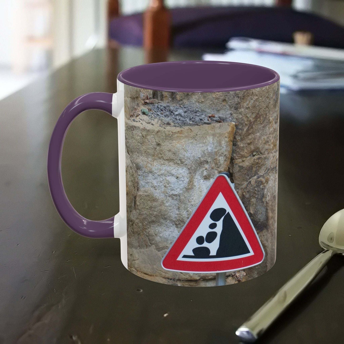 Rocky Mug with falling rocks design for mountain lovers and hikers.