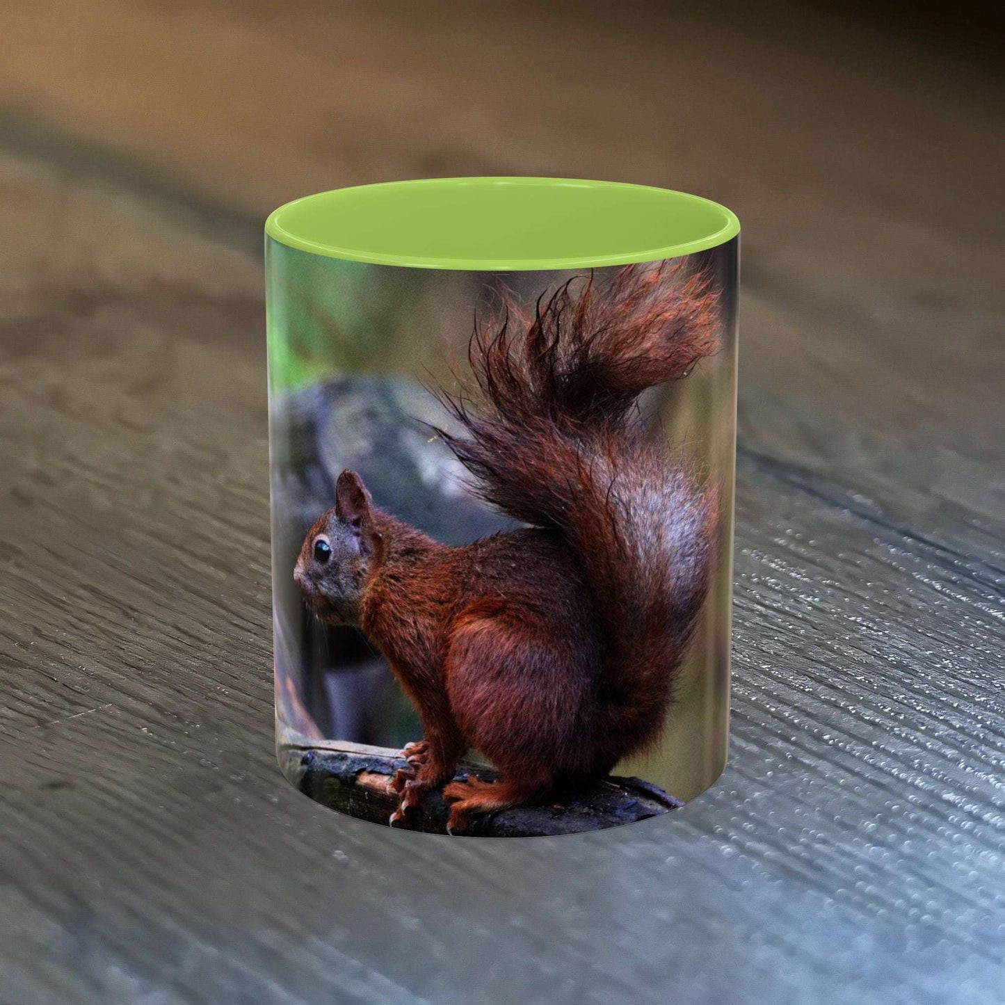 Cute squirrel coffee mug with rustic design, perfect gift for nature lovers.