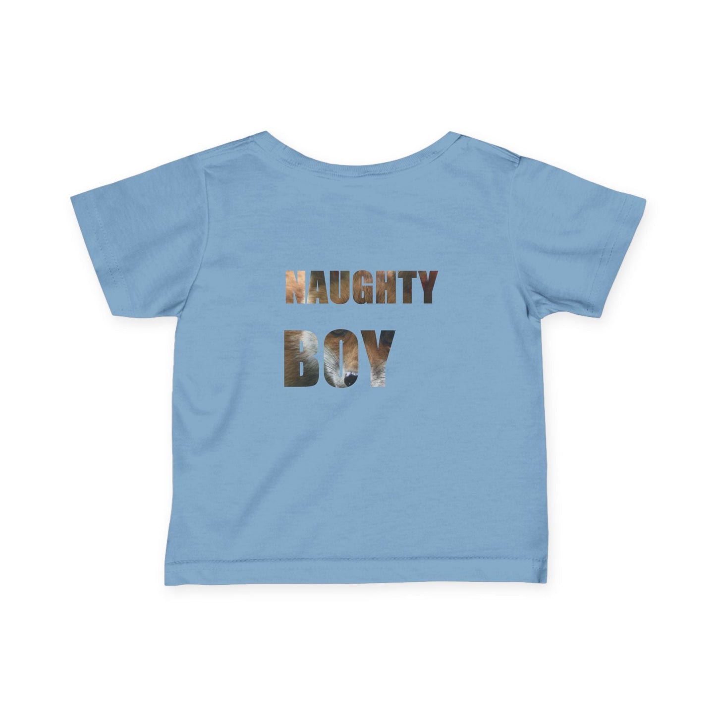 Blue infant tee with "Naughty Boy" text, made from soft cotton, perfect for baby comfort and style.