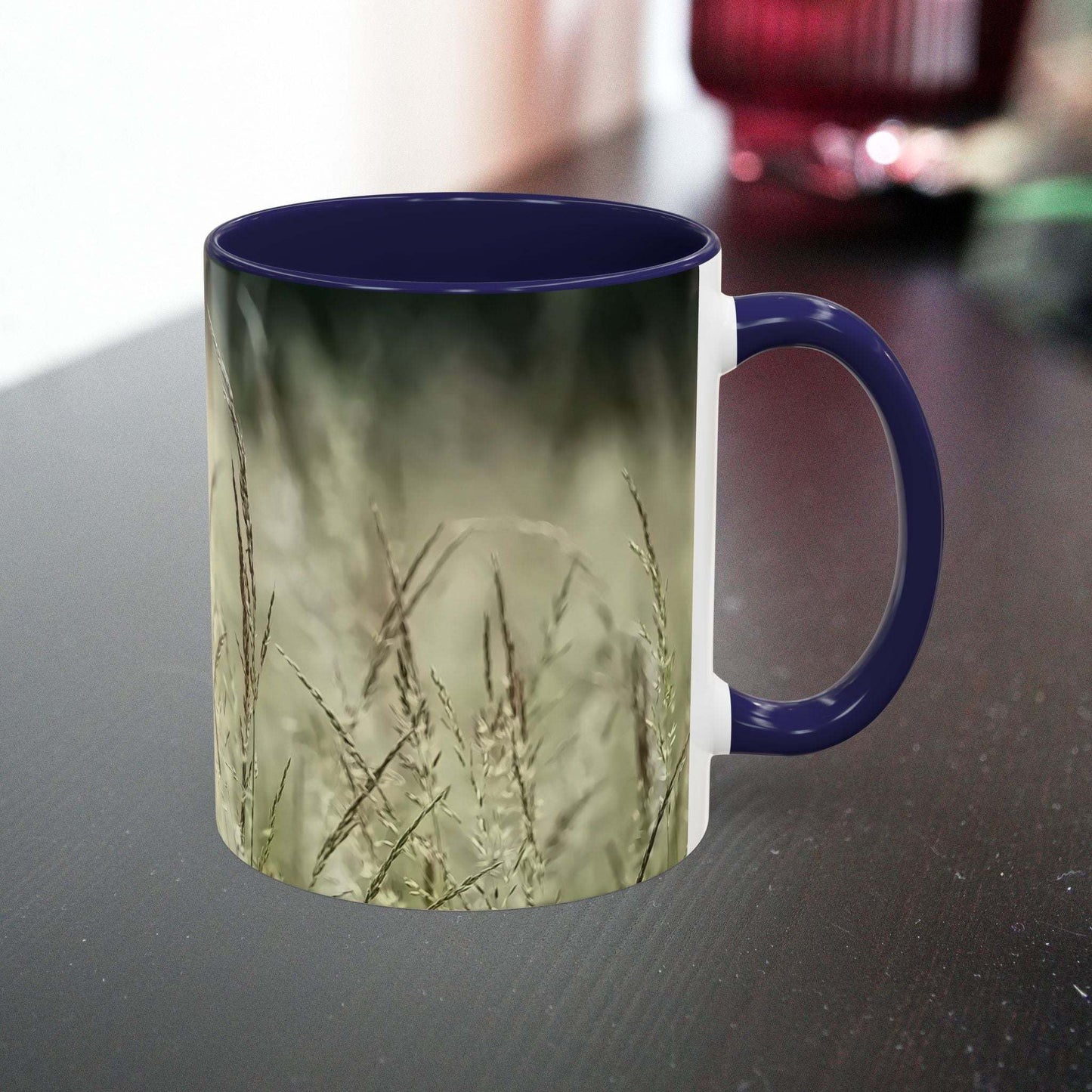 Ceramic mug with flowering grass design, perfect for nature lovers.