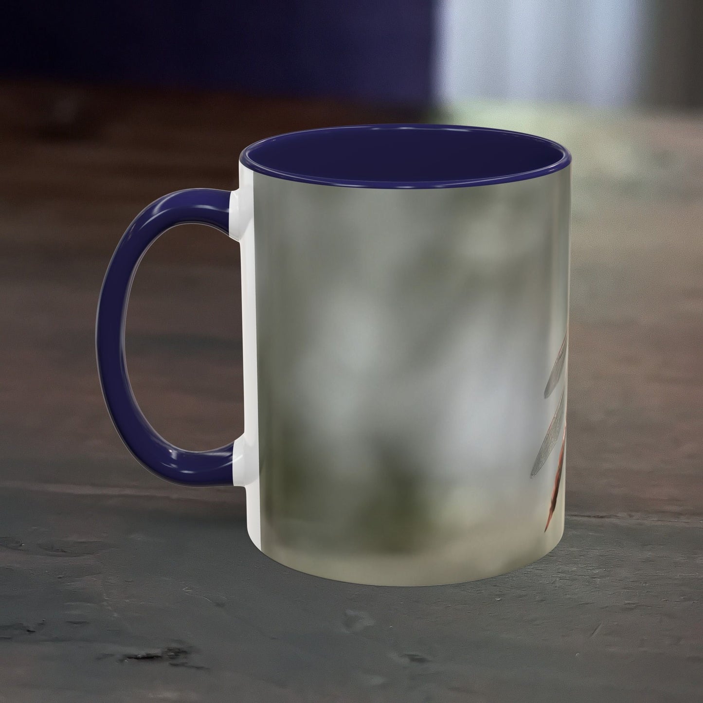 Accent Coffee Mug with dragonfly design, vibrant blue handle, and interior.