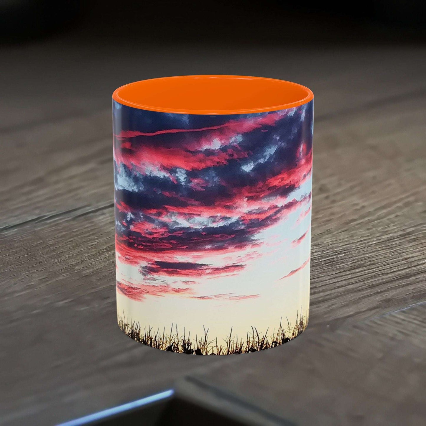 Sunset Accent Coffee Mug with vibrant design, perfect for nature lovers and home decor.