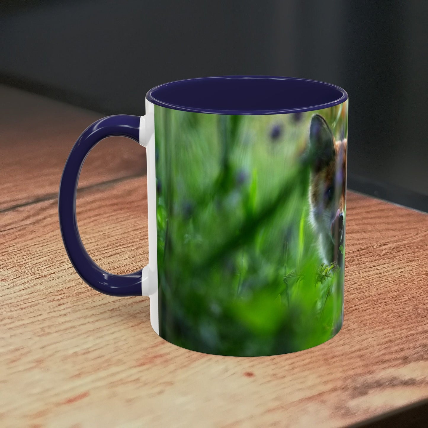 Fox-Inspired Accent Coffee Mug with Wildlife Design on Wooden Surface