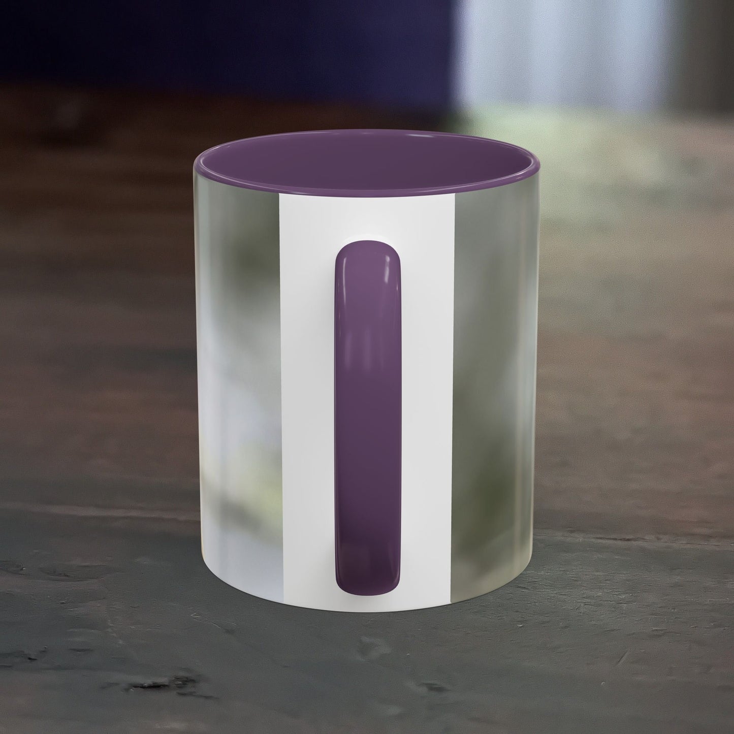 Pretty dragonfly accent coffee mug with purple handle and interior.