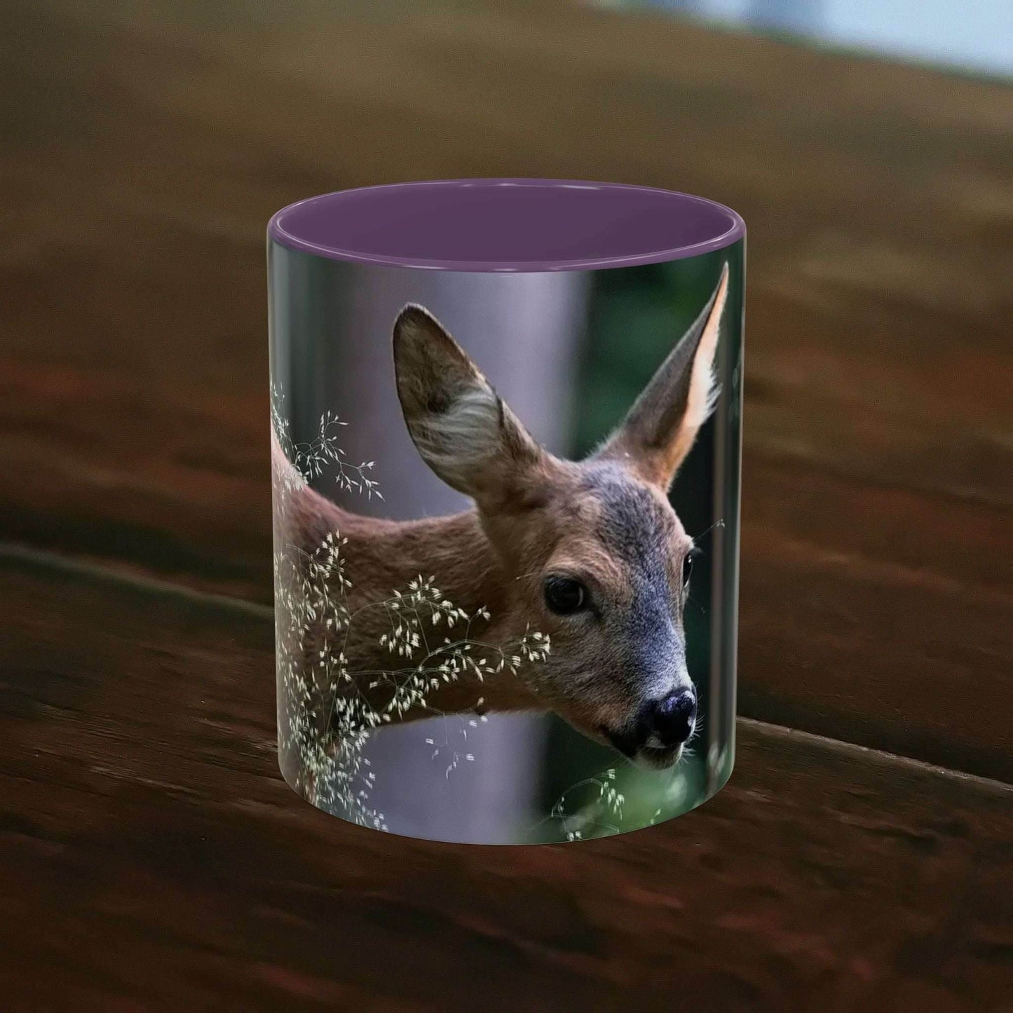 Nature-inspired deer ceramic mug with floral accents, 11oz.