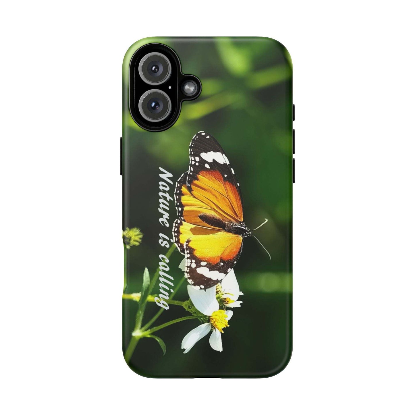 Nature-inspired phone case with butterfly and flower design, text reads "Nature is Calling".